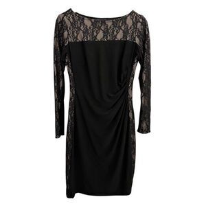 Chaps‎ Lace Ruched Long Sleeve Knee Length Dress Black Size Medium Cocktail
